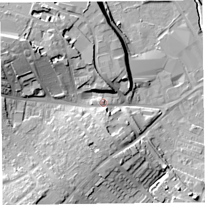 Shaded relief map of the ground around CA27AJ, computed from Environment Agency LiDAR. The ground here sits at about 19 m above sea level and falls 20 m across the surrounding 800 m. Surface water reaching this point runs off ground lying to the south, 4.7 m higher.