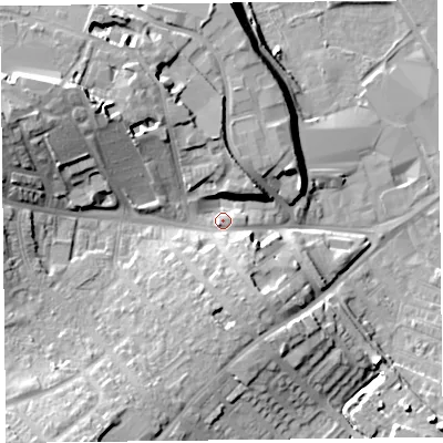 Shaded relief map of the ground around CA27AL, computed from Environment Agency LiDAR. The ground here sits at about 19 m above sea level and falls 20 m across the surrounding 800 m. Surface water reaching this point runs off ground lying to the west-north-west, 15.0 m higher.