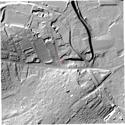 Shaded relief map of the ground around CA27AN, computed from Environment Agency LiDAR. The ground here sits at about 18 m above sea level and falls 21 m across the surrounding 800 m. Surface water reaching this point runs off ground lying to the west-north-west, 14.6 m higher.
