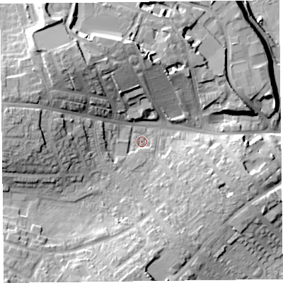 Shaded relief map of the ground around CA27AP, computed from Environment Agency LiDAR. The ground here sits at about 18 m above sea level and falls 21 m across the surrounding 800 m. Surface water reaching this point runs off ground lying to the north-west, 14.6 m higher.