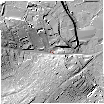 Shaded relief map of the ground around CA27AR, computed from Environment Agency LiDAR. The ground here sits at about 18 m above sea level and falls 21 m across the surrounding 800 m. Surface water reaching this point runs off ground lying to the west-north-west, 14.5 m higher.