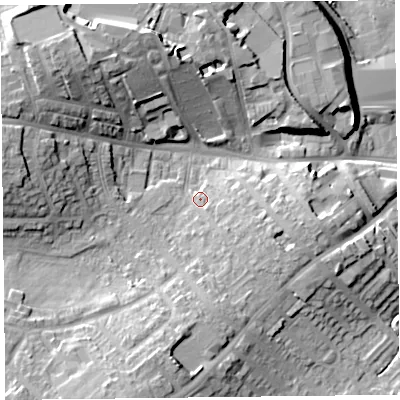 Shaded relief map of the ground around CA27AS, computed from Environment Agency LiDAR. The ground here sits at about 20 m above sea level and falls 20 m across the surrounding 800 m. Surface water reaching this point runs off ground lying to the east-south-east, 4.5 m higher.