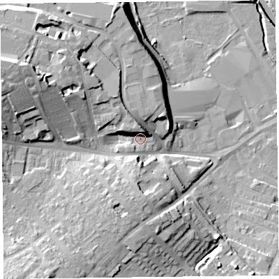 Shaded relief map of the ground around CA27AW, computed from Environment Agency LiDAR. The ground here sits at about 17 m above sea level and falls 20 m across the surrounding 800 m. Surface water reaching this point runs off ground lying to the west-north-west, 14.2 m higher.