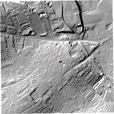 Shaded relief map of the ground around CA27AZ, computed from Environment Agency LiDAR. The ground here sits at about 23 m above sea level and falls 20 m across the surrounding 800 m. Surface water reaching this point runs off ground lying to the east-south-east, 2.1 m higher.