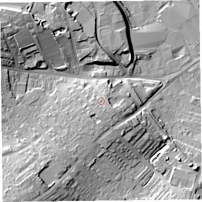 Shaded relief map of the ground around CA27BD, computed from Environment Agency LiDAR. The ground here sits at about 24 m above sea level and falls 19 m across the surrounding 800 m. Surface water reaching this point runs off ground lying to the south-south-east, 2.7 m higher.