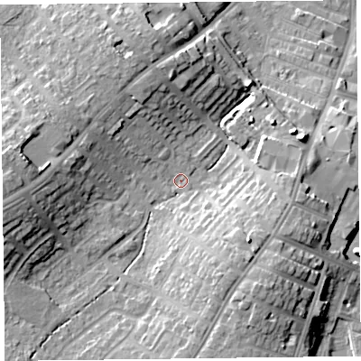 Shaded relief map of the ground around CA27BX, computed from Environment Agency LiDAR. The ground here sits at about 18 m above sea level and falls 16 m across the surrounding 800 m. Surface water reaching this point runs off ground lying to the west, 13.3 m higher.