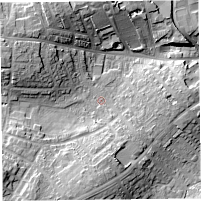 Shaded relief map of the ground around CA27DF, computed from Environment Agency LiDAR. The ground here sits at about 20 m above sea level and falls 16 m across the surrounding 800 m. Surface water reaching this point runs off ground lying to the south, 9.2 m higher.