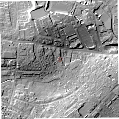 Shaded relief map of the ground around CA27DG, computed from Environment Agency LiDAR. The ground here sits at about 20 m above sea level and falls 16 m across the surrounding 800 m. Surface water reaching this point runs off ground lying to the west-north-west, 7.2 m higher.