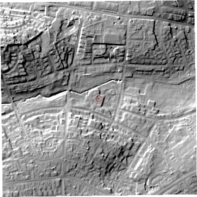 Shaded relief map of the ground around CA27DH, computed from Environment Agency LiDAR. The ground here sits at about 24 m above sea level and falls 23 m across the surrounding 800 m. Surface water reaching this point runs off ground lying to the south-south-west, 3.4 m higher.