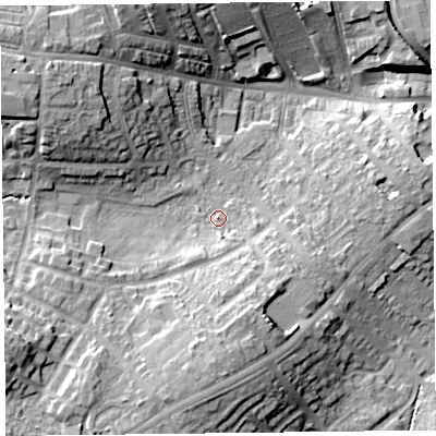 Shaded relief map of the ground around CA27DN, computed from Environment Agency LiDAR. The ground here sits at about 20 m above sea level and falls 15 m across the surrounding 800 m. Surface water reaching this point runs off ground lying to the south, 9.8 m higher.