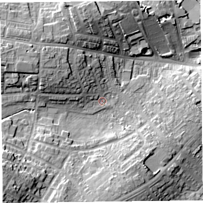Shaded relief map of the ground around CA27DQ, computed from Environment Agency LiDAR. The ground here sits at about 20 m above sea level and falls 16 m across the surrounding 800 m. Surface water reaching this point runs off ground lying to the north-west, 9.0 m higher.
