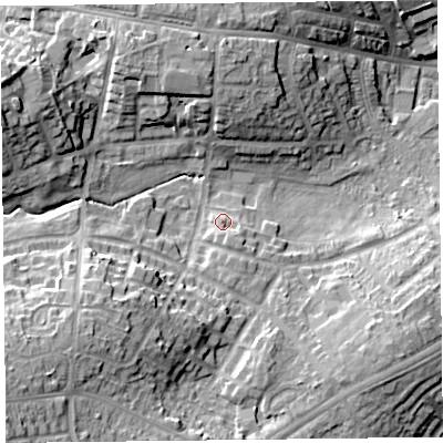 Shaded relief map of the ground around CA27EF, computed from Environment Agency LiDAR. The ground here sits at about 24 m above sea level and falls 21 m across the surrounding 800 m. Surface water reaching this point runs off ground lying to the south-south-east, 2.7 m higher.