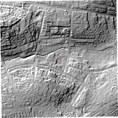 Shaded relief map of the ground around CA27FA, computed from Environment Agency LiDAR. The ground here sits at about 23 m above sea level and falls 23 m across the surrounding 800 m. Surface water reaching this point runs off ground lying to the south-west, 10.9 m higher.