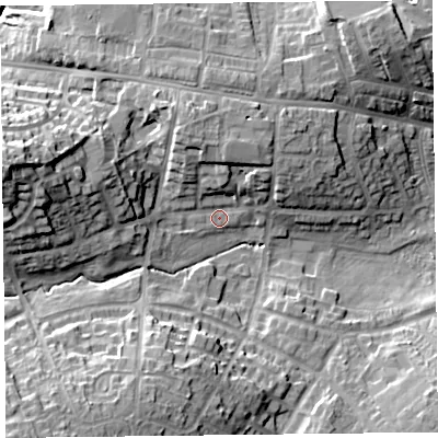 Shaded relief map of the ground around CA27GX, computed from Environment Agency LiDAR. The ground here sits at about 24 m above sea level and falls 23 m across the surrounding 800 m. Surface water reaching this point runs off ground lying to the west-north-west, 9.4 m higher.