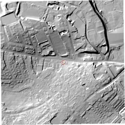 Shaded relief map of the ground around CA27JA, computed from Environment Agency LiDAR. The ground here sits at about 18 m above sea level and falls 21 m across the surrounding 800 m. Surface water reaching this point runs off ground lying to the north-west, 14.7 m higher.