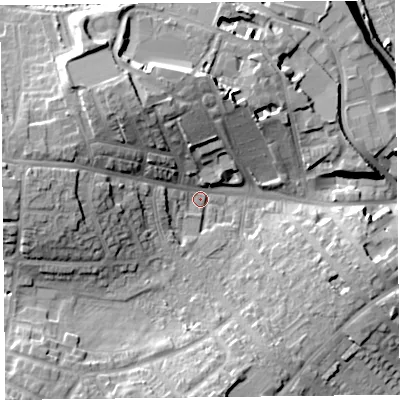 Shaded relief map of the ground around CA27JB, computed from Environment Agency LiDAR. The ground here sits at about 19 m above sea level and falls 21 m across the surrounding 800 m. Surface water reaching this point runs off ground lying to the north-west, 14.3 m higher.