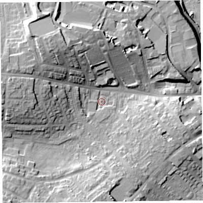 Shaded relief map of the ground around CA27JF, computed from Environment Agency LiDAR. The ground here sits at about 18 m above sea level and falls 21 m across the surrounding 800 m. Surface water reaching this point runs off ground lying to the north-west, 14.4 m higher.