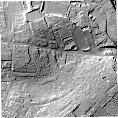 Shaded relief map of the ground around CA27JG, computed from Environment Agency LiDAR. The ground here sits at about 19 m above sea level and falls 21 m across the surrounding 800 m. Surface water reaching this point runs off ground lying to the west-north-west, 9.0 m higher.
