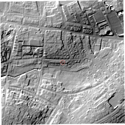 Shaded relief map of the ground around CA27JR, computed from Environment Agency LiDAR. The ground here sits at about 24 m above sea level and falls 18 m across the surrounding 800 m. Surface water reaching this point runs off ground lying to the north-west, 8.0 m higher.