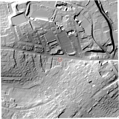 Shaded relief map of the ground around CA27PY, computed from Environment Agency LiDAR. The ground here sits at about 18 m above sea level and falls 21 m across the surrounding 800 m. Surface water reaching this point runs off ground lying to the north-west, 14.7 m higher.