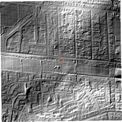 Shaded relief map of the ground around CA27QW, computed from Environment Agency LiDAR. The ground here sits at about 30 m above sea level and falls 17 m across the surrounding 800 m. Surface water reaching this point runs off ground lying to the south-south-east, 13.4 m higher.