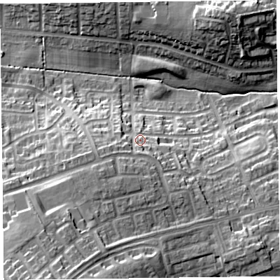 Shaded relief map of the ground around CA27RS, computed from Environment Agency LiDAR. The ground here sits at about 39 m above sea level and falls 24 m across the surrounding 800 m. Surface water reaching this point runs off ground lying to the south-south-west, 8.2 m higher.