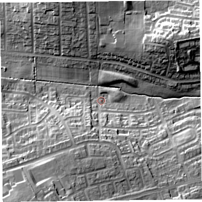 Shaded relief map of the ground around CA27RY, computed from Environment Agency LiDAR. The ground here sits at about 30 m above sea level and falls 21 m across the surrounding 800 m. Surface water reaching this point runs off ground lying to the south-south-west, 16.3 m higher.