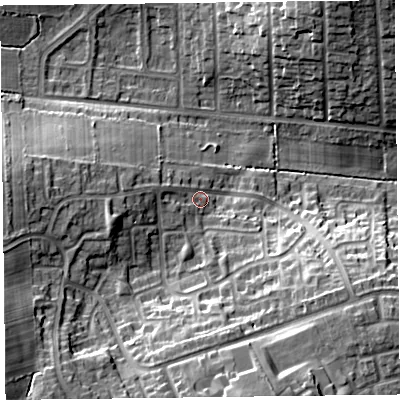 Shaded relief map of the ground around CA27XD, computed from Environment Agency LiDAR. The ground here sits at about 35 m above sea level and falls 19 m across the surrounding 800 m. Surface water reaching this point runs off ground lying to the west-north-west, 3.5 m higher.