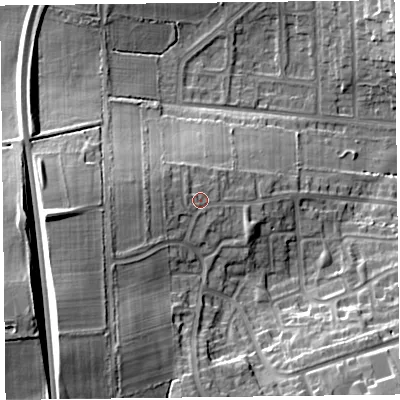Shaded relief map of the ground around CA27XE, computed from Environment Agency LiDAR. The ground here sits at about 40 m above sea level and falls 22 m across the surrounding 800 m. Surface water reaching this point runs off ground lying to the west, 1.7 m higher.