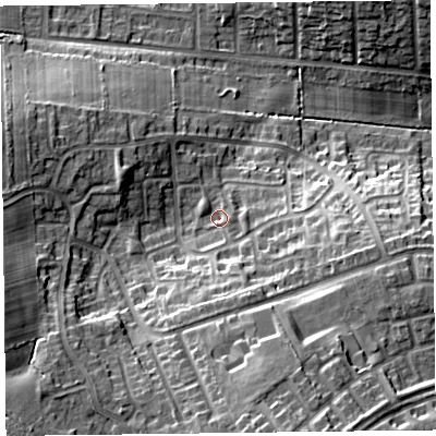 Shaded relief map of the ground around CA27XH, computed from Environment Agency LiDAR. The ground here sits at about 36 m above sea level and falls 22 m across the surrounding 800 m. Surface water reaching this point runs off ground lying to the south-south-east, 7.8 m higher.