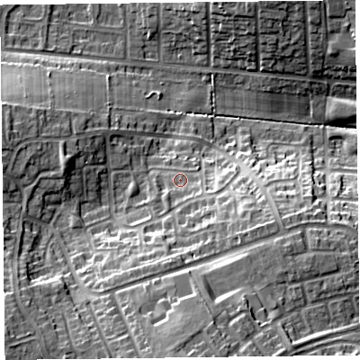Shaded relief map of the ground around CA27XJ, computed from Environment Agency LiDAR. The ground here sits at about 37 m above sea level and falls 21 m across the surrounding 800 m. Surface water reaching this point runs off ground lying to the south-east, 4.0 m higher.