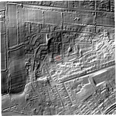 Shaded relief map of the ground around CA27XX, computed from Environment Agency LiDAR. The ground here sits at about 37 m above sea level and falls 23 m across the surrounding 800 m. Surface water reaching this point runs off ground lying to the south-south-east, 16.4 m higher.