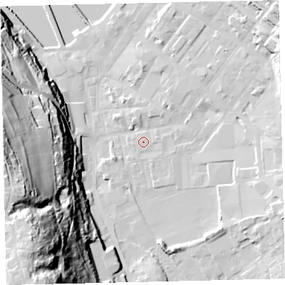 Shaded relief map of the ground around CA280SA, computed from Environment Agency LiDAR. The ground here sits at about 7 m above sea level and falls 76 m across the surrounding 800 m. Surface water reaching this point runs off ground lying to the east-south-east, 1.1 m higher.