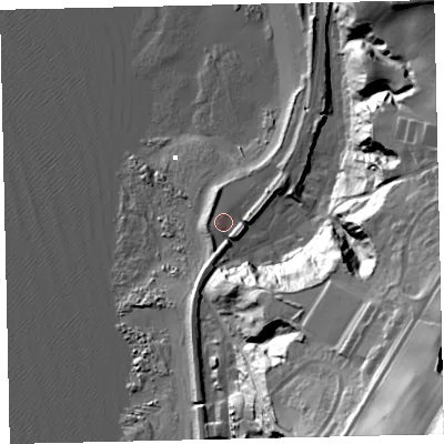 Shaded relief map of the ground around CA286AL, computed from Environment Agency LiDAR. The ground here sits at about 7 m above sea level and falls 81 m across the surrounding 800 m. Surface water reaching this point runs off ground lying to the south-east, 72.6 m higher.