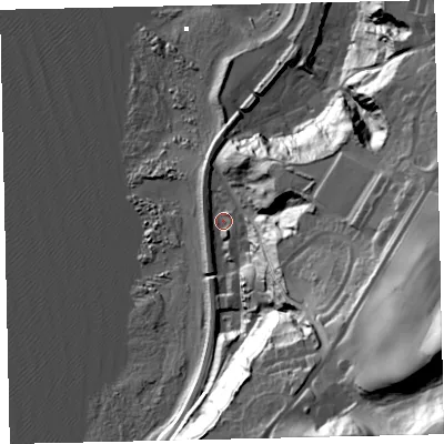 Shaded relief map of the ground around CA286AN, computed from Environment Agency LiDAR. The ground here sits at about 8 m above sea level and falls 97 m across the surrounding 800 m. Surface water reaching this point runs off ground lying to the east-south-east, 28.8 m higher.