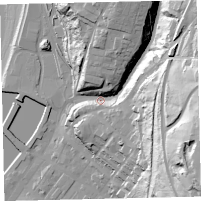 Shaded relief map of the ground around CA286DL, computed from Environment Agency LiDAR. The ground here sits at about 15 m above sea level and falls 93 m across the surrounding 800 m. Surface water reaching this point runs off ground lying to the east-south-east, 77.3 m higher.
