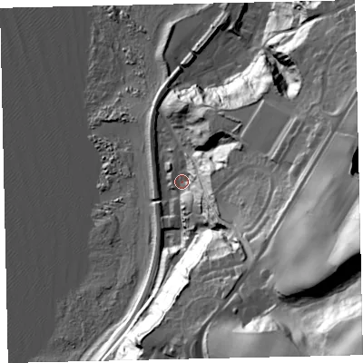 Shaded relief map of the ground around CA286NS, computed from Environment Agency LiDAR. The ground here sits at about 11 m above sea level and falls 109 m across the surrounding 800 m. Surface water reaching this point runs off ground lying to the south-east, 46.5 m higher.