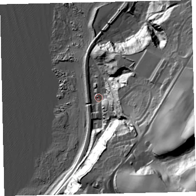 Shaded relief map of the ground around CA286NT, computed from Environment Agency LiDAR. The ground here sits at about 9 m above sea level and falls 108 m across the surrounding 800 m. Surface water reaching this point runs off ground lying to the south-east, 48.7 m higher.