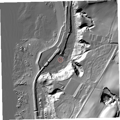 Shaded relief map of the ground around CA286NZ, computed from Environment Agency LiDAR. The ground here sits at about 5 m above sea level and falls 91 m across the surrounding 800 m. Surface water reaching this point runs off ground lying to the south-south-east, 49.4 m higher.