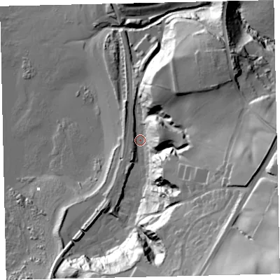 Shaded relief map of the ground around CA286PB, computed from Environment Agency LiDAR. The ground here sits at about 6 m above sea level and falls 74 m across the surrounding 800 m. Surface water reaching this point runs off ground lying to the east-south-east, 39.3 m higher.