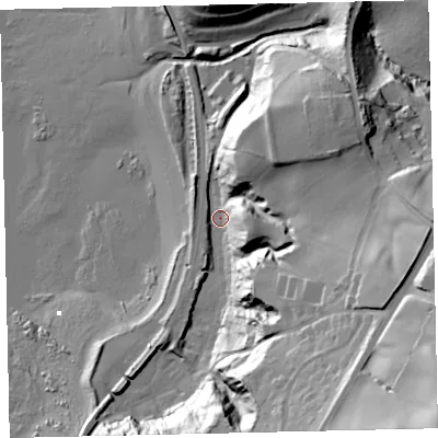 Shaded relief map of the ground around CA286PD, computed from Environment Agency LiDAR. The ground here sits at about 6 m above sea level and falls 71 m across the surrounding 800 m. Surface water reaching this point runs off ground lying to the east-south-east, 39.3 m higher.