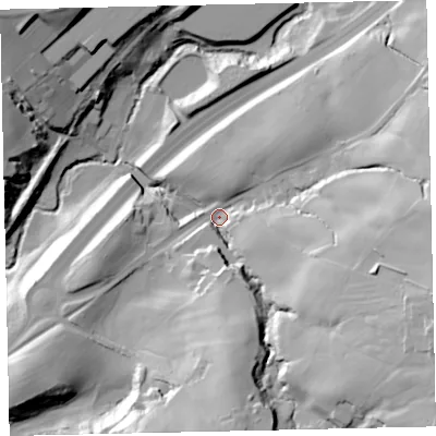 Shaded relief map of the ground around CA286PL, computed from Environment Agency LiDAR. The ground here sits at about 30 m above sea level and falls 60 m across the surrounding 800 m. Surface water reaching this point runs off ground lying to the east-south-east, 43.6 m higher.