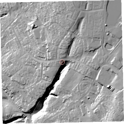 Shaded relief map of the ground around CA286UP, computed from Environment Agency LiDAR. The ground here sits at about 112 m above sea level and falls 88 m across the surrounding 800 m. Surface water reaching this point runs off ground lying to the north-north-east, 4.5 m higher.