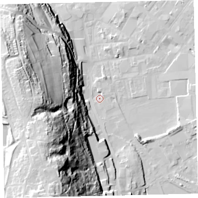 Shaded relief map of the ground around CA287AA, computed from Environment Agency LiDAR. The ground here sits at about 7 m above sea level and falls 79 m across the surrounding 800 m. Surface water reaching this point runs off ground lying to the south, 2.3 m higher.