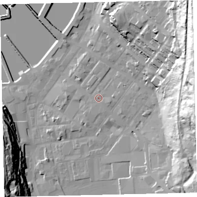 Shaded relief map of the ground around CA287AH, computed from Environment Agency LiDAR. The ground here sits at about 9 m above sea level and falls 64 m across the surrounding 800 m. Surface water reaching this point runs off ground lying to the south-south-east, 0.7 m higher.