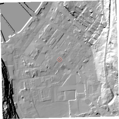 Shaded relief map of the ground around CA287AL, computed from Environment Agency LiDAR. The ground here sits at about 9 m above sea level and falls 65 m across the surrounding 800 m. Surface water reaching this point runs off ground lying to the north-east, 1.7 m higher.