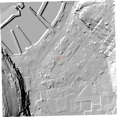 Shaded relief map of the ground around CA287AQ, computed from Environment Agency LiDAR. The ground here sits at about 8 m above sea level and falls 74 m across the surrounding 800 m. Surface water reaching this point runs off ground lying to the east-north-east, 25.6 m higher.