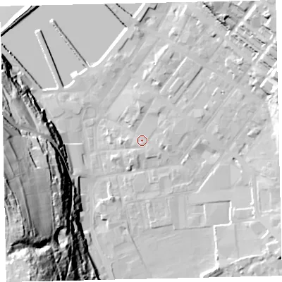 Shaded relief map of the ground around CA287AR, computed from Environment Agency LiDAR. The ground here sits at about 8 m above sea level and falls 77 m across the surrounding 800 m. Surface water reaching this point runs off ground lying to the east-south-east, 2.2 m higher.