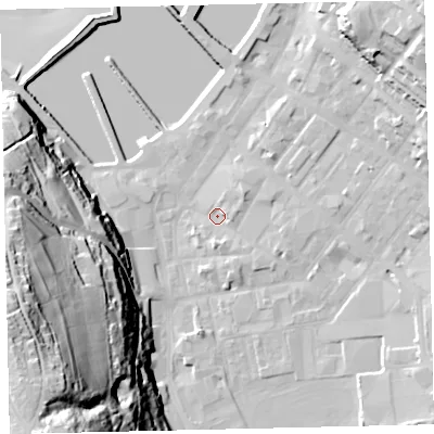 Shaded relief map of the ground around CA287AU, computed from Environment Agency LiDAR. The ground here sits at about 6 m above sea level and falls 76 m across the surrounding 800 m. Surface water reaching this point runs off ground lying to the north-east, 3.7 m higher.