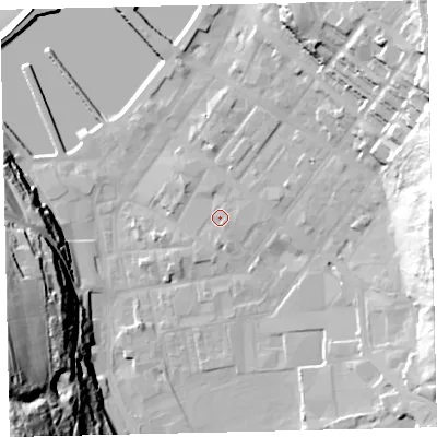 Shaded relief map of the ground around CA287AW, computed from Environment Agency LiDAR. The ground here sits at about 8 m above sea level and falls 75 m across the surrounding 800 m. Surface water reaching this point runs off ground lying to the south, 1.4 m higher.